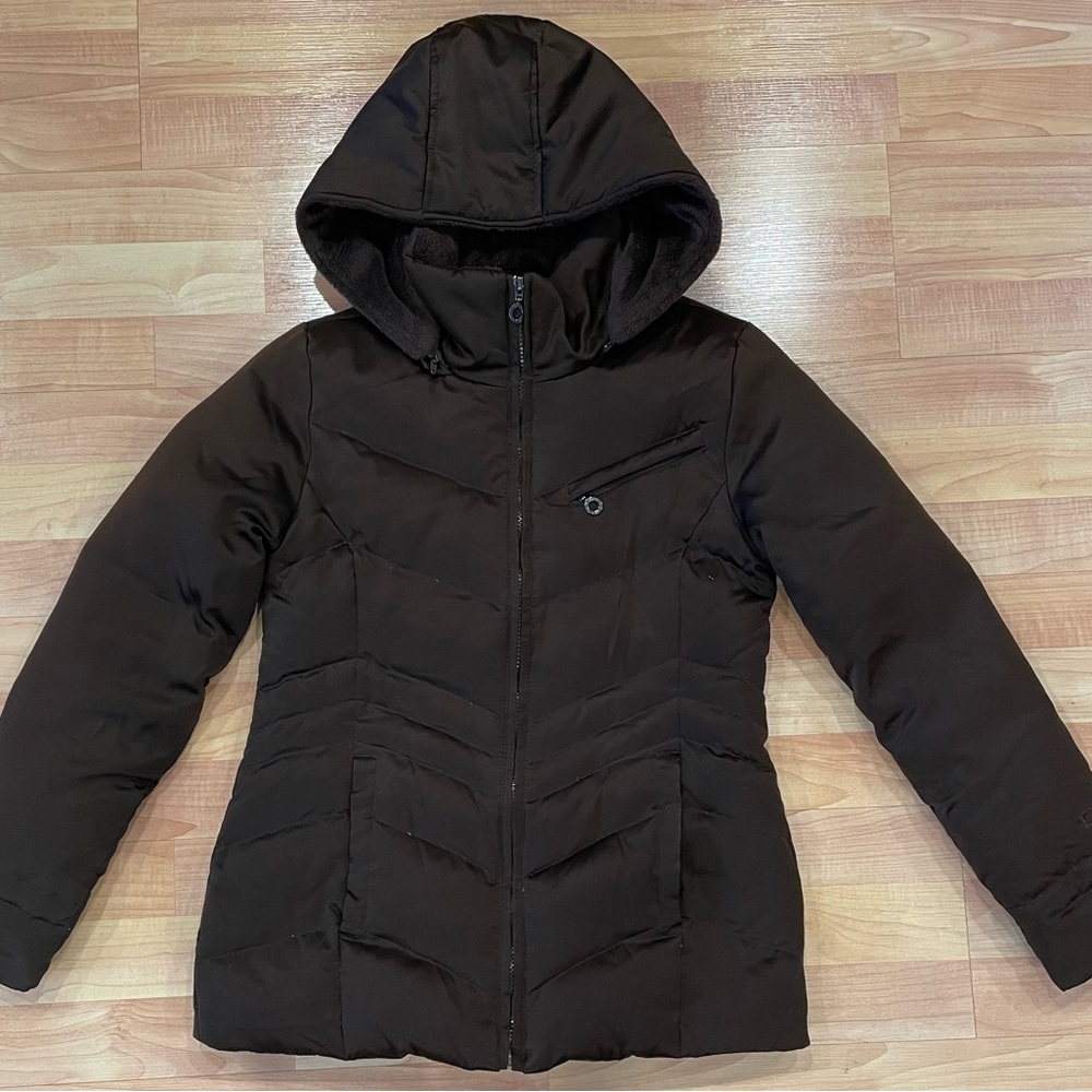 DKNY Women's Winter Puffer Jacket Coat Full zipper Detachable Hood Brown